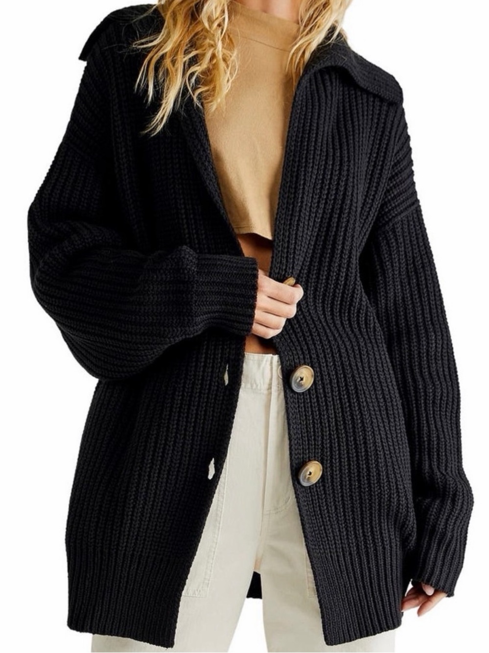 Free people swim too deep black chunk knit cardigan